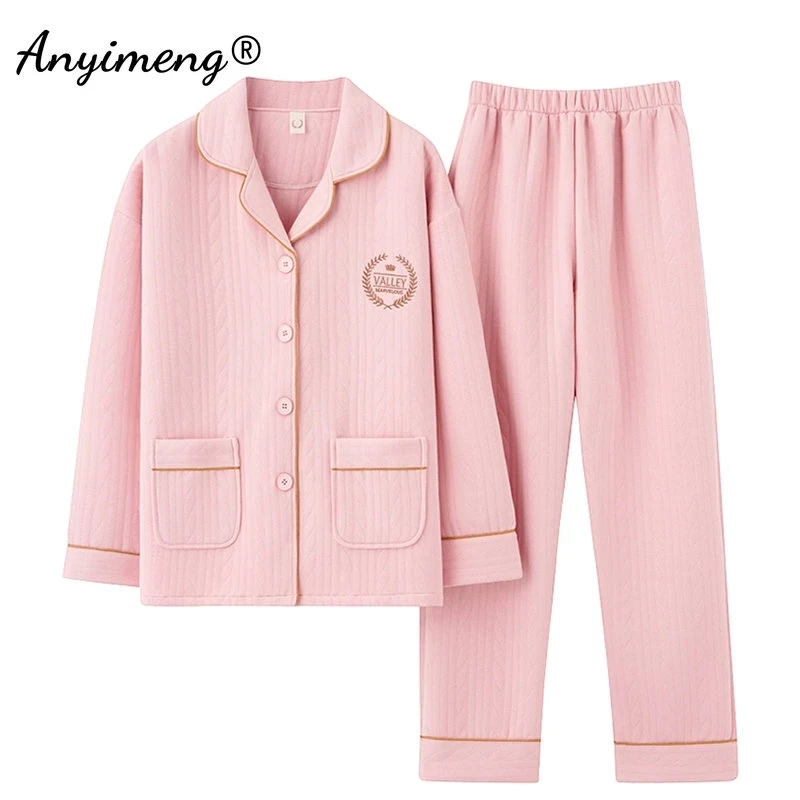 

Pyjama d'hiver trois couches en coton pour femmes, épais, vêtements de nuit chauds, Cardigan, sweat-shirt féminin, rose, L-3XL