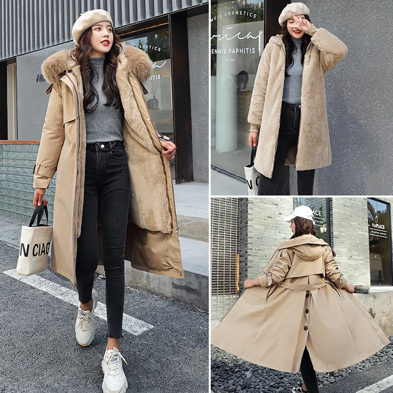 Two sides wear to overcome the long cotton clothes women three wear a waist to show thin inner liner removable cotton jacket