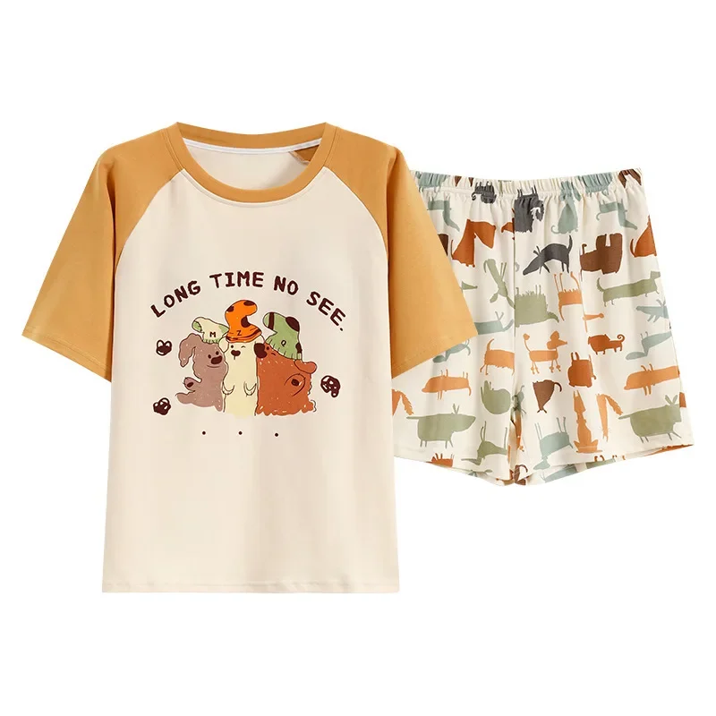 Женский летний хлопковый пижамный комплект с нагрудником и короткими рукавами