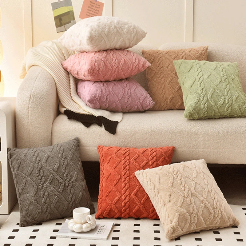 

New Ins Wind Plush Candy Color Pillow Case Jacquard Geometry Cushion Cover Sofa Living Room Pillow Cover Headboard Pillow Cover
