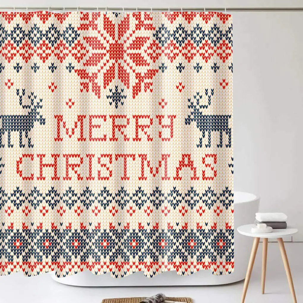 

Merry Christmas Polyester Fabric Waterproof Shower Curtain Decor with 12 Hooks