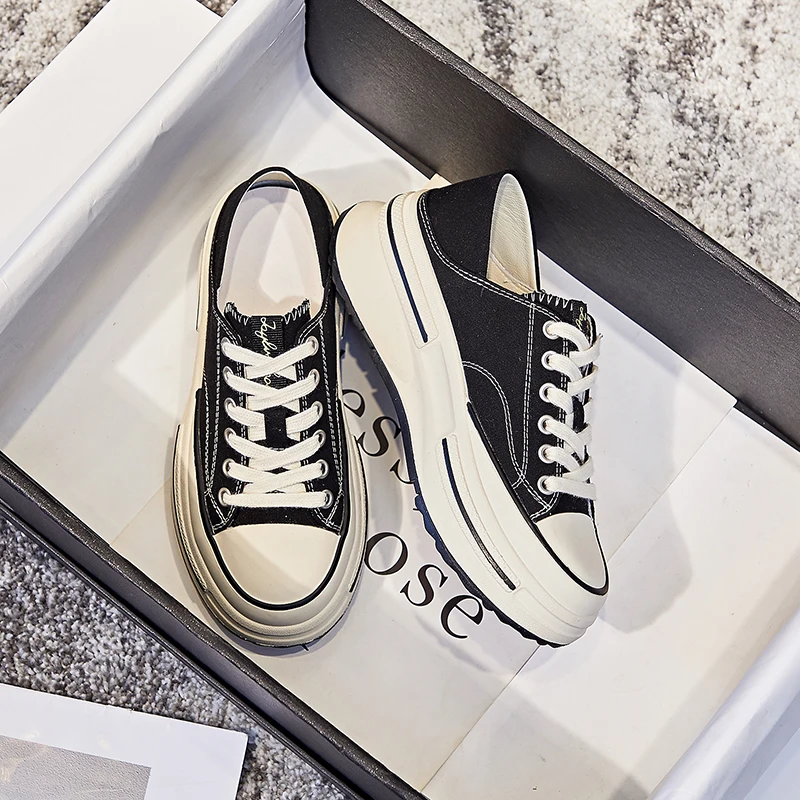 Canvas Designer Casual Sneakers Women's Sports Shoes Flats Chunky Platform Sneakers Girls 2023 Black Thick Bottom Tennis Female
