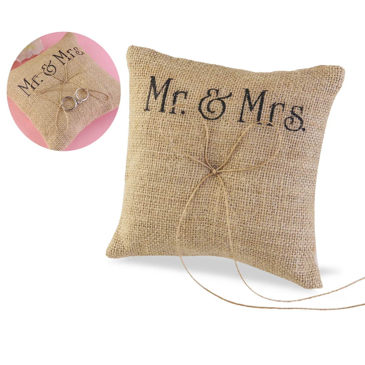 

TINKSKY Mr & Mrs Burlap Jute Bow Twine Rustic Wedding Ring Pillow