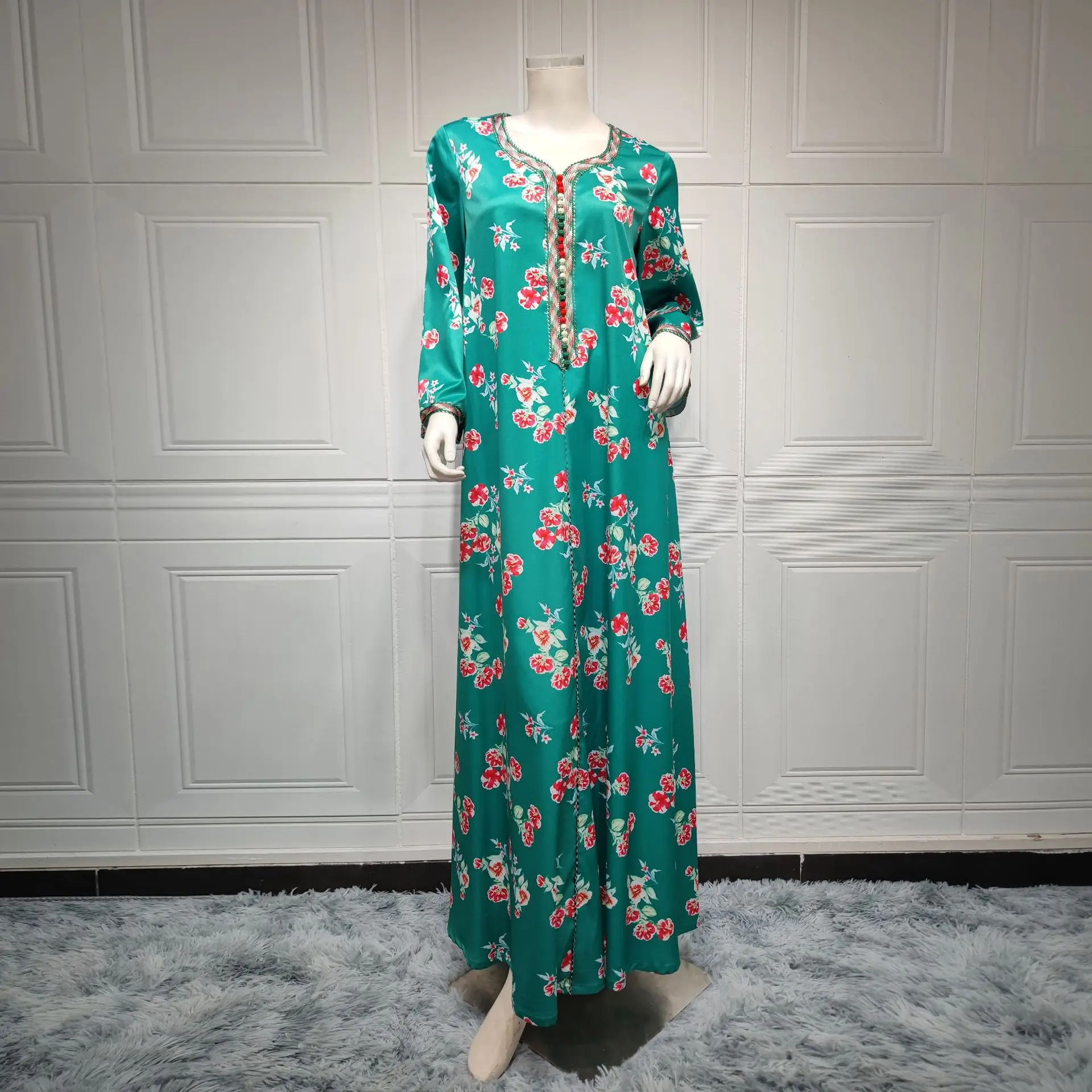 Jalabiya Kaftan Abaya Dubai Loose Floral Printed Long Arabic Muslim Dress Women Moroccan Islam Party Evening Dresses Ramadan Eid