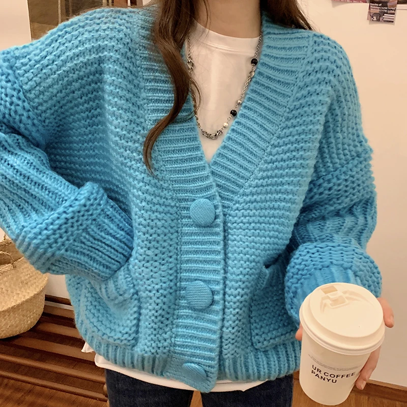 

2021 New Woman Fashion Knitted Cardigan Coat Ladies Elegant Solid Blue Cardigan Sweater Female Chic Vintage Korean Autumn Winter