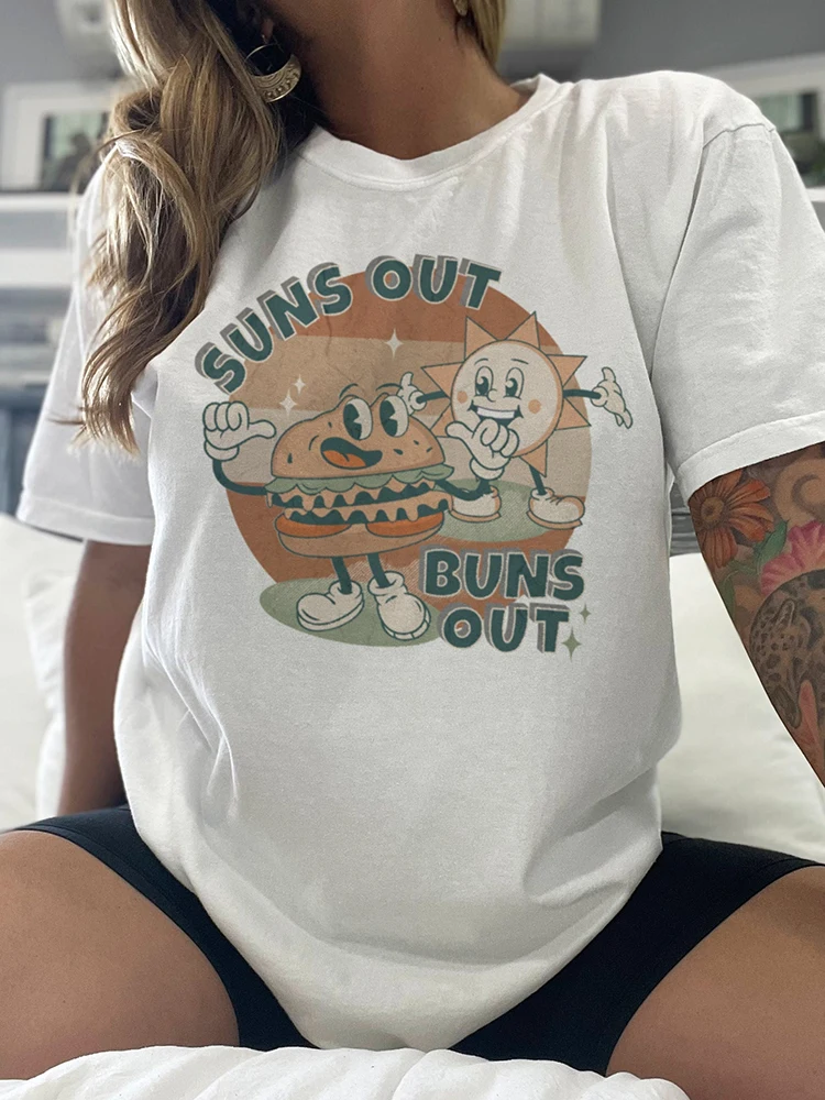 

Suns Out Buns Out Printed Female Short Sleeve Vintage Trend O-Neck T-Shirts Casual Loose Breathable Womens Cotton Tee Clothing