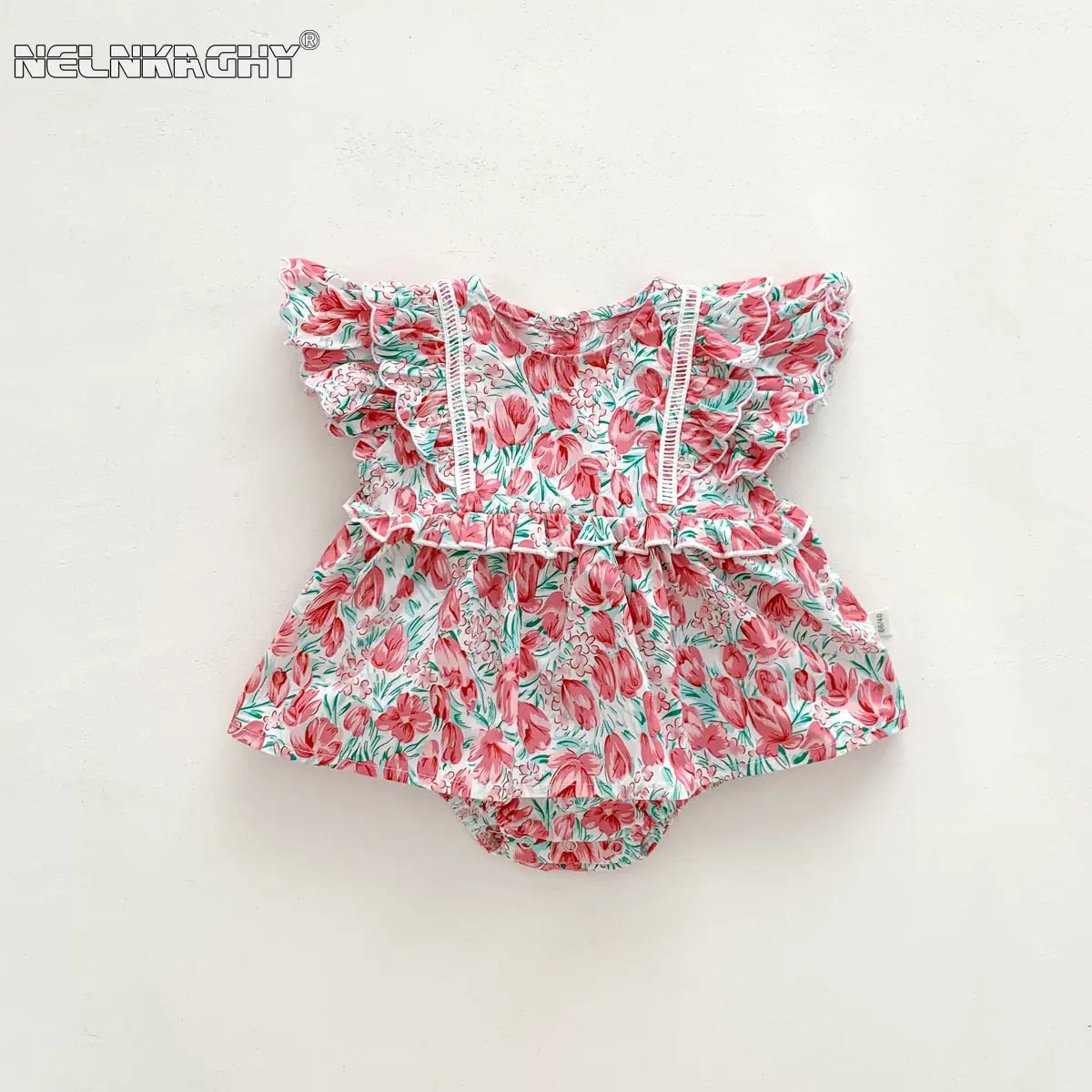 Newest Infant Baby Princess Summer Fly Sleeve Flower Ruched Outfits Kids Jumpsuits Overalls Cotton Bodysuits Newborn Clothing