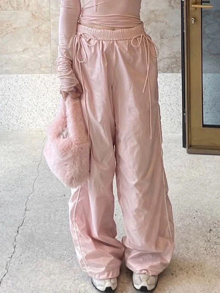 

Брюки женские розовые в яркую полоску, на шнуровке, с завышенной талией