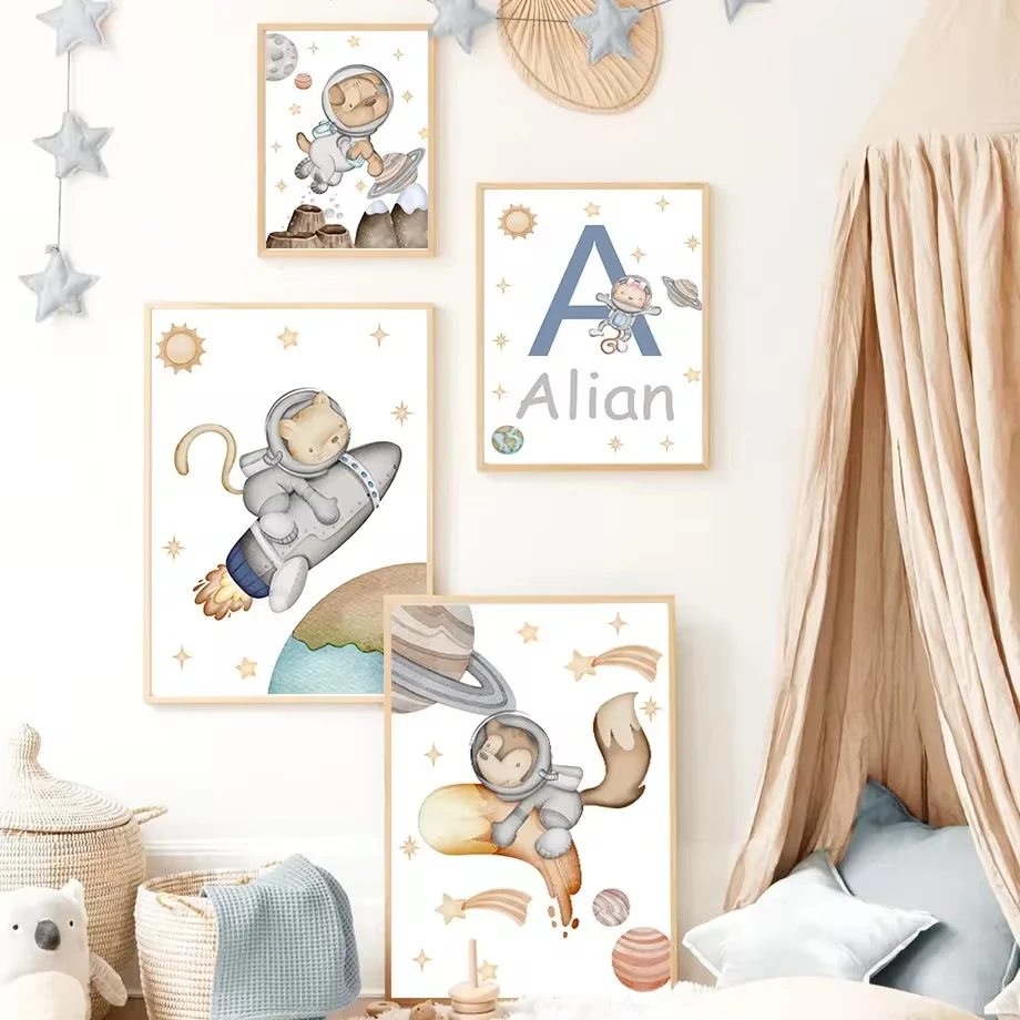 Кролик собака кошка лиса медведь космос ракета планета солнце земля настенная