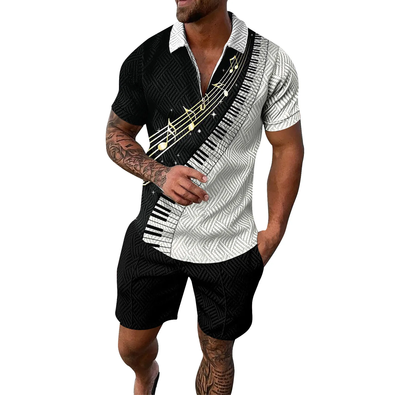 Men Stripe Print 2 Piece Suit Letter Print Polo Shirt Solid Color Quick Dry Shorts Male Set Ropa Hombre Streetwear Conjuntos