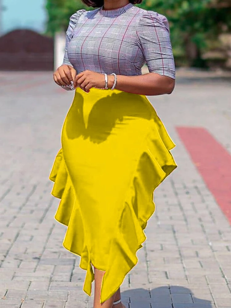 

Женское клетчатое платье с оборками, элегантное офисное платье с высокой талией, весна-лето