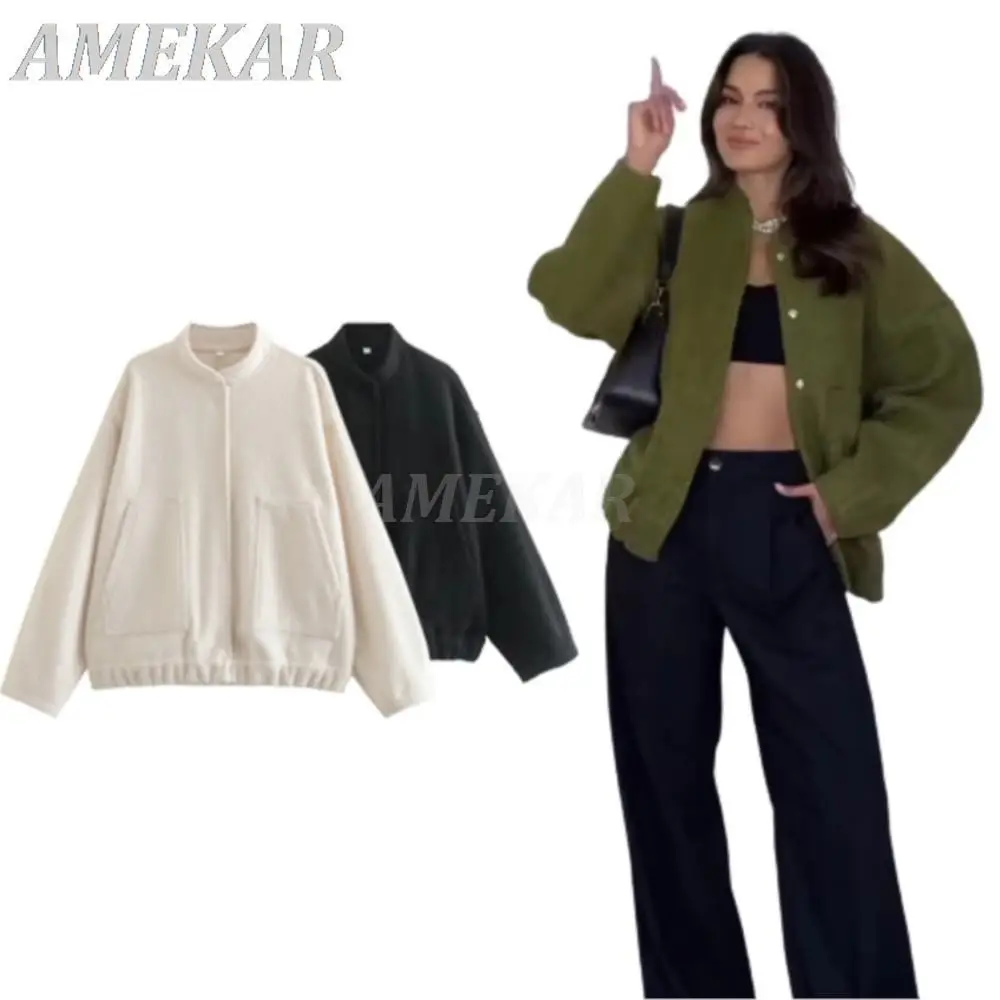 

Bombers Grey With Buttons Long Sleeve Jackets Coat For Women 2023 Spring Fashion New Coat Lady Warm With Pockets Casual Outwear