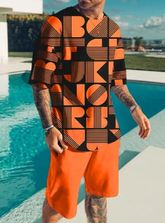 Street Letter Print Tracksuit Men's Summer Short Sleeve T-shirt Hawaii Style Short Pant 2-Piece Set Man Jogging Suit