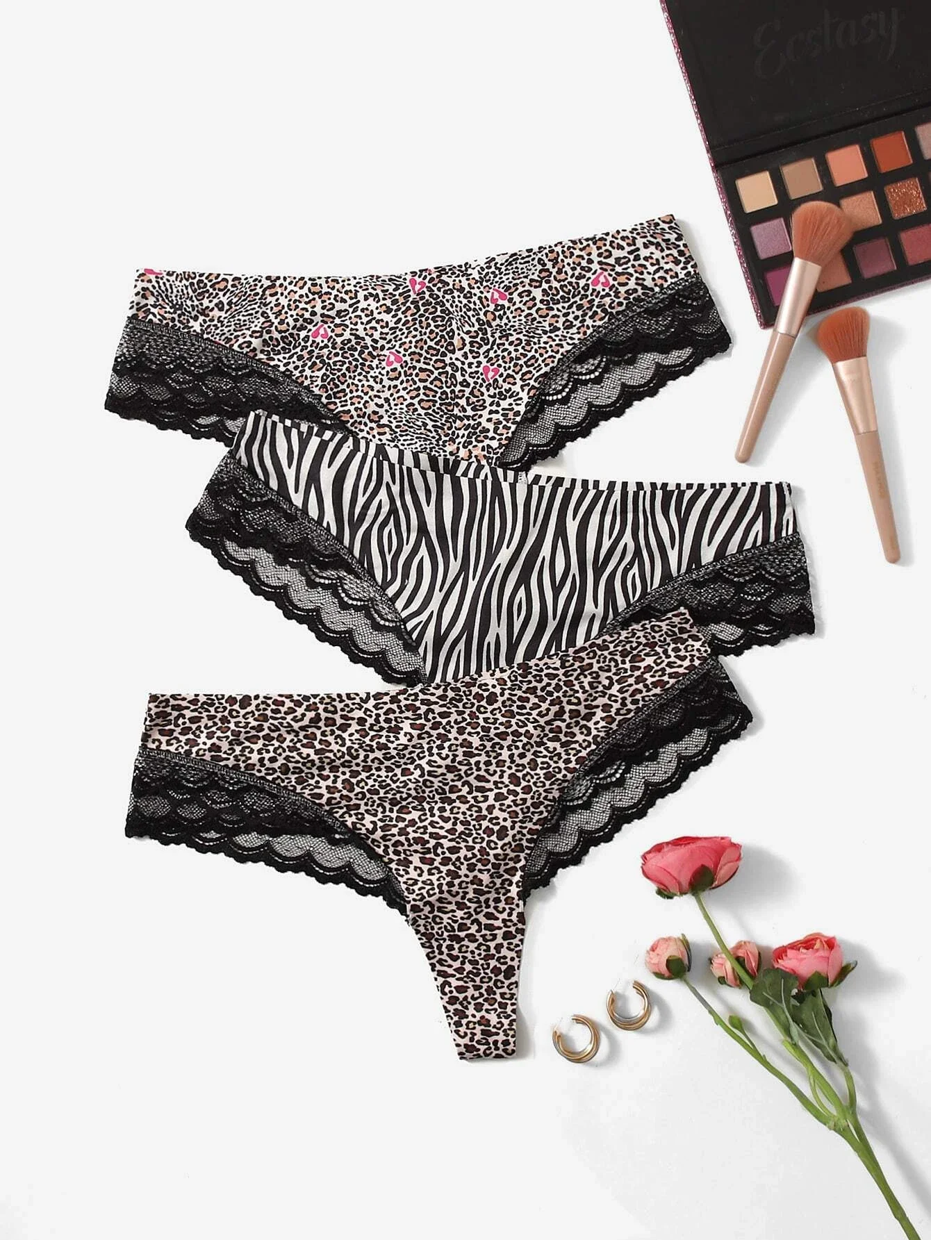 

Plus 3pack Leopard Print Contrast Lace Panty