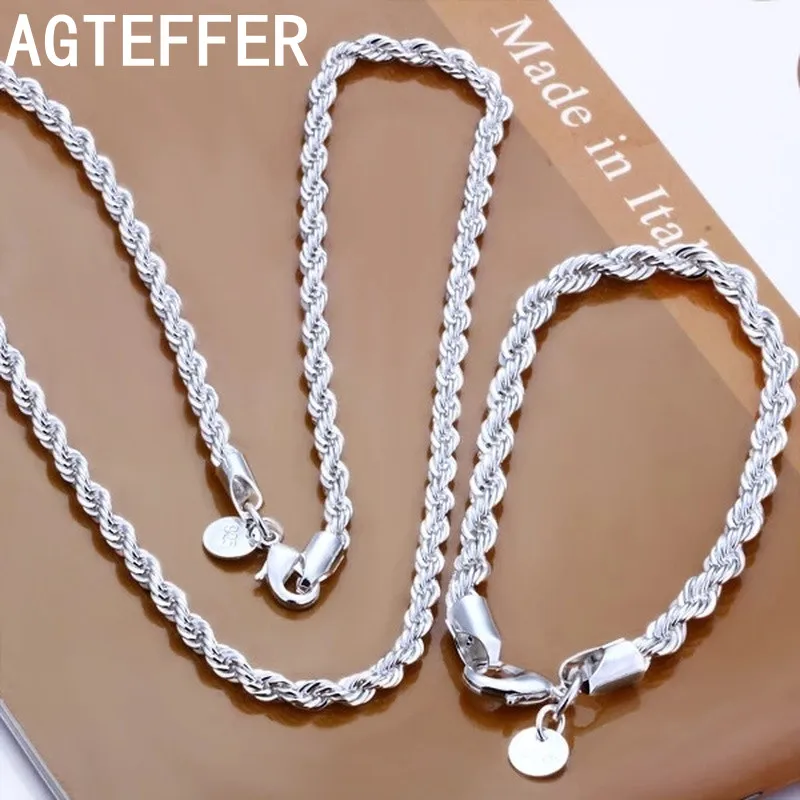 

AGTEFFER High Quality 925 Sterling Silver 4MM Women Men Chain Male Twisted Rope Necklace Bracelets Fashion Silver Jewelry Set