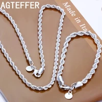 agteffer high quality 925 sterling silver 4mm women men chain male twisted rope necklace bracelets fashion silver jewelry set