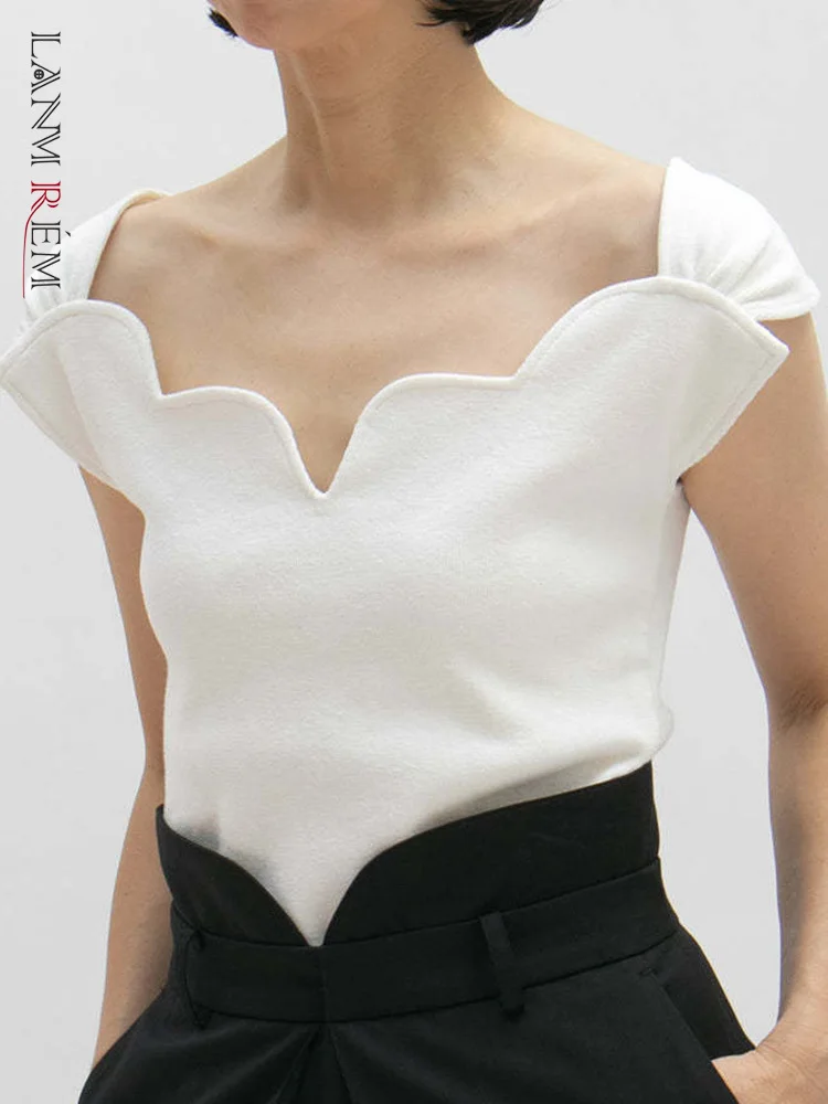 

LANMREM дизайнерская футболка для женщин без рукавов, однотонные тонкие лоскутные топы, модная женская одежда 2023, летняя Новинка 2YA1918