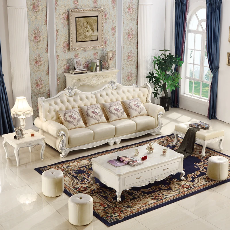 

Кожаный роскошный диван в европейском стиле для маленькой квартиры, сочетание однотонных деревянных резьбовых скандинавских четырехместных сидений