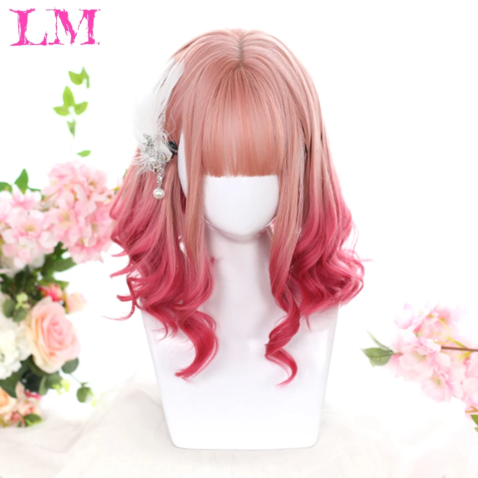 

Женский синтетический парик с розовым градиентом, короткие волнистые синтетические волосы в американском стиле, в Стиле Лолита, с челкой, к...