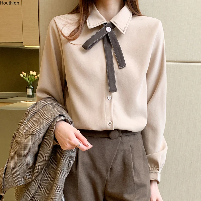 

Women's Blouses Blended Long Sleeve Top Polo Shirt Bow Solid Color Fashion Casual Loose Female Clothing