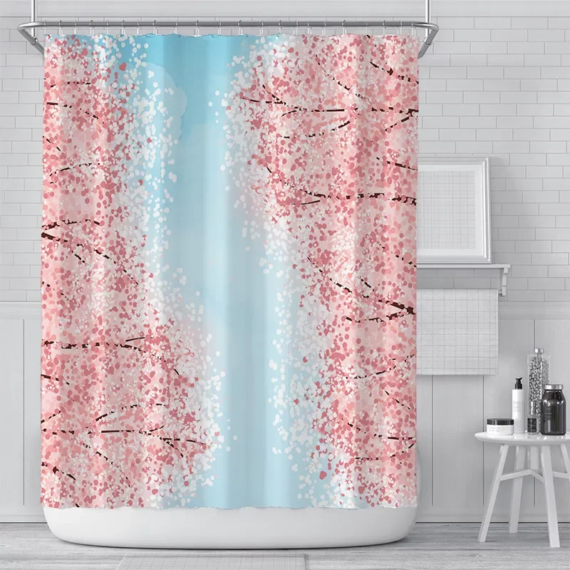

Cherry Blossom Pattern Shower Curtain White Background Bathroom Waterproof Polyester Fabric Curtain with Hook Cortina Baño