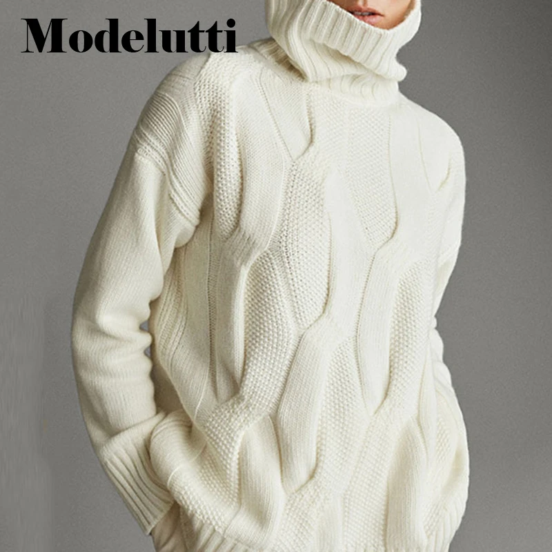 

Modelutti Women England Office Lady Fashion Vintage Twisted flower Loose Turtleneck Sweaters Female Pullovers Tops Jumper