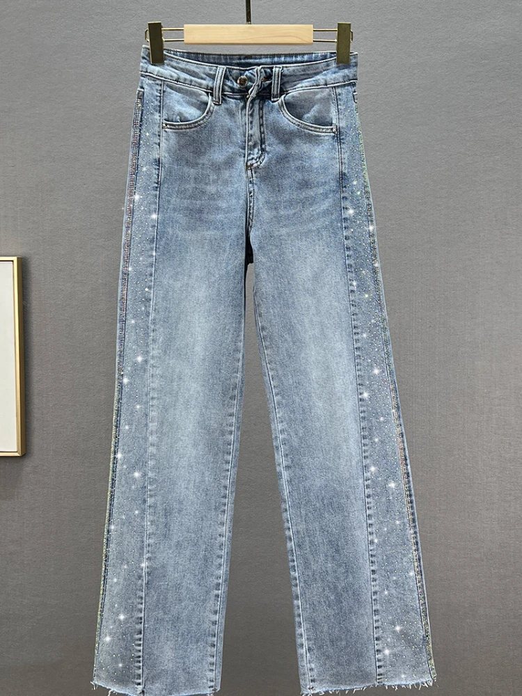 Jeans Women's Wide-Leg Pants 2022 Spring Summer New High Waist Hot Drilling Loose Trousers Office Lady Blue Trousers Female Jean