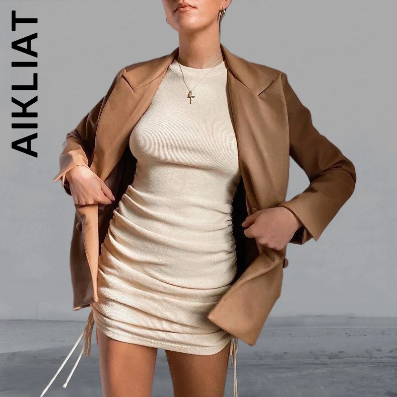 Женское Короткое платье Aikliat модное пикантное с длинным рукавом и рюшами