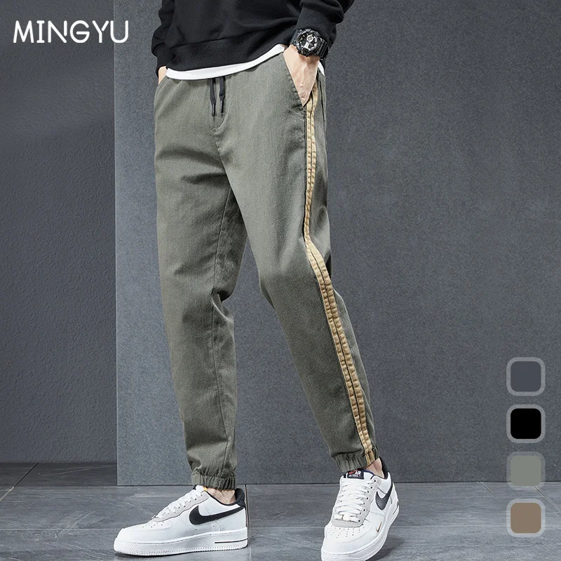 

2022 New Men's Stripe Appliques Cargo Pants Men Cotton Casual Jogger Trousers Hip Hop Korean Khaki ArmyGreen Sweatpants Male 38