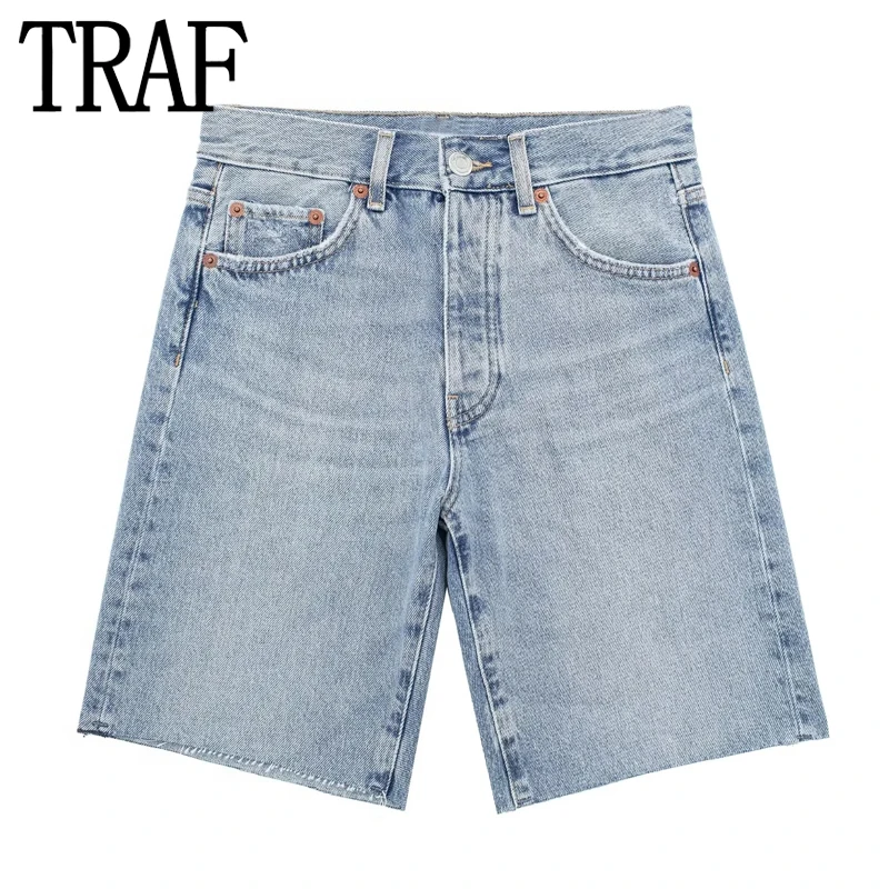 

TRAF Blue Denim Shorts Women Mid-Rise Bermuda Shorts Woman Fashion Frayed Women's Jeans Shorts Casual Streetwear Summer Shorts