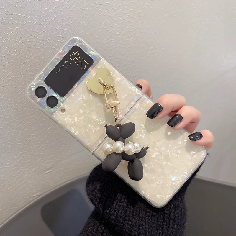 

Fashion Colorful Dreamy Conch Shell Pattern Glitter Case For Samsung Galaxy Z Flip 4G 4 3 5G Cartoon Pearl Dog Pendant Cover