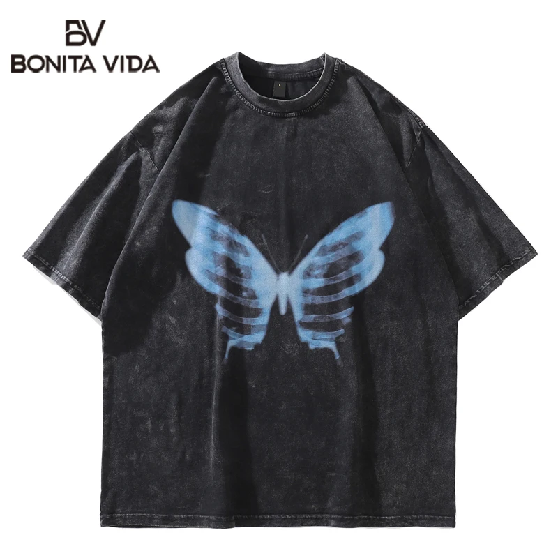 

Футболка мужская оверсайз с потертым эффектом, хлопковая тенниска с принтом бабочки, уличная одежда в стиле хип-хоп, лето 2022