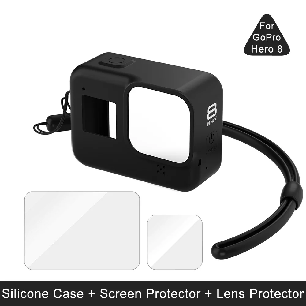 

Силиконовый чехол для GoPro Hero 8, черное закаленное стекло, защита экрана, защитная пленка для объектива, чехол для Go Pro 8, аксессуары