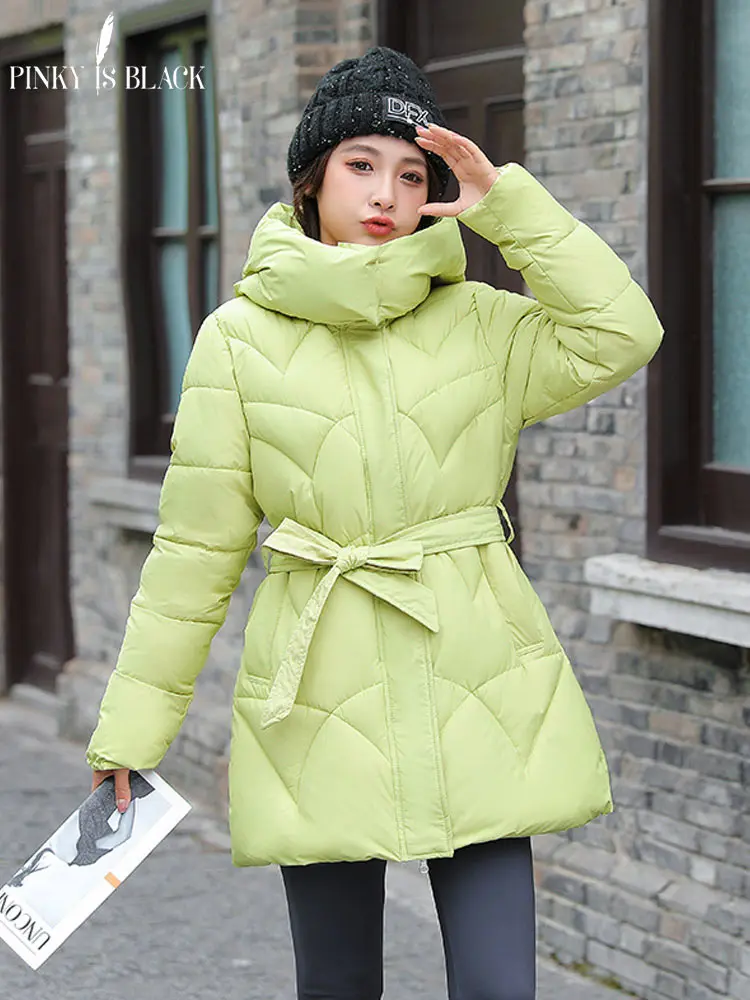 PinkyIsBlack 2023 New Winter Women Down Cotton Padded Coat Thick Warm Long Sleeve Hooded Puffer Jacket With Belt Snow Parkas
