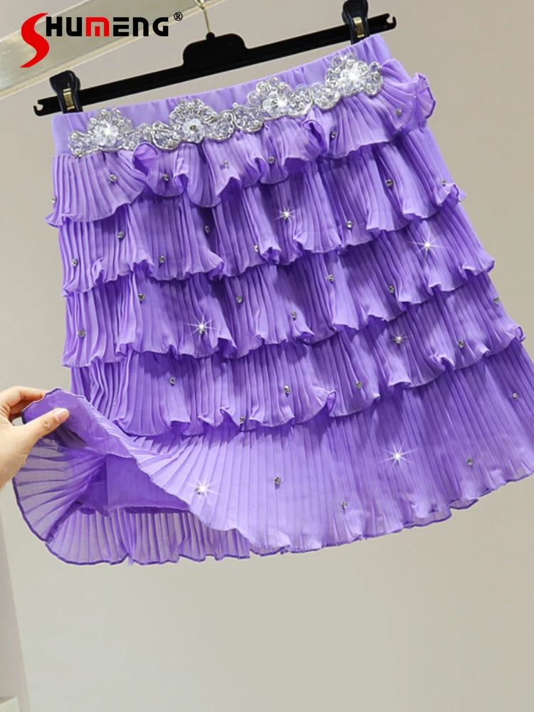 

Heavy Beads Crystal-Studded Sequins Skirt Female 2022 Summer Woman High Waist Pleated Solid Color Chiffon Tiered-Ruffle Skirts