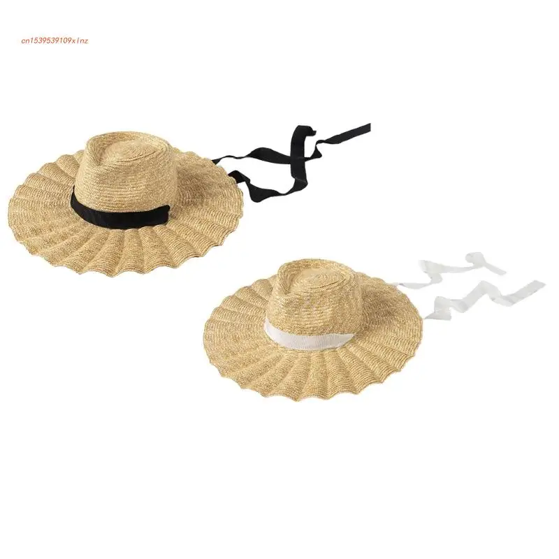 

Шляпа женская Соломенная с широкими полями, Пляжный головной убор 4,7 дюйма, летняя с длинным ремешком, реквизит для фотографий, аксессуар для путешествий