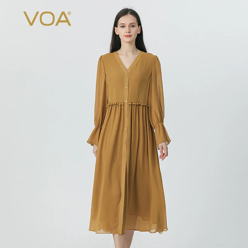 

VOA Amber Brown Double Layer Georgette Silk Dresses V-Neck Flared Long Sleeve Single Breasted Simple Silk Shirt Dress AE1701