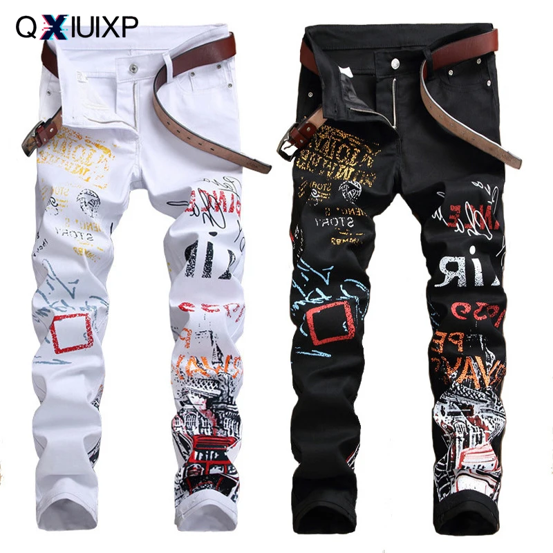 QXIUIXP-pantalones de mezclilla rasgados con agujeros para hombre, Jeans pitillo desgastados para adolescentes, pantalones pitillo desgastados con estampado informal