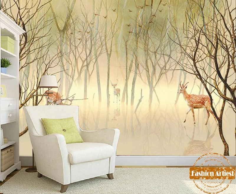 

Пользовательские детские абстрактные Мультяшные обои роспись Олень в фэнтези мечта лес ТВ диван спальня гостиная кафе бар фон