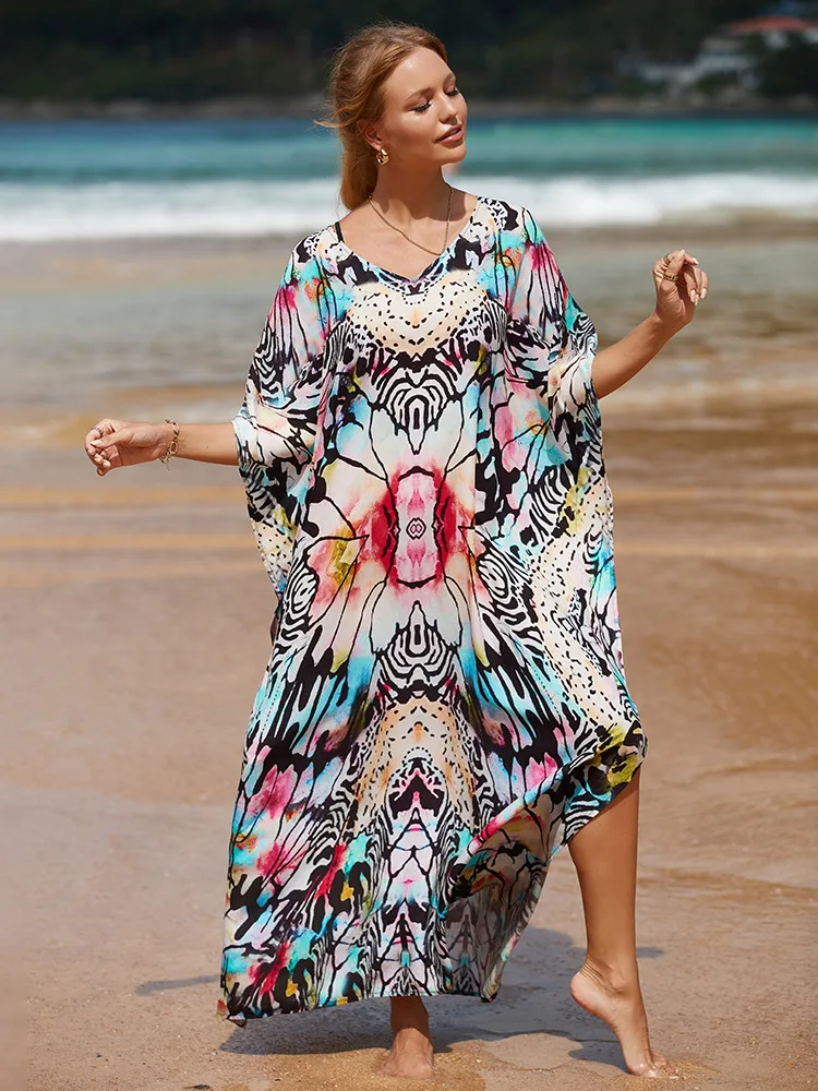 

Long Dress Women Cover Ups Swimsuit Batwing Sleeve Robes Sundress Summer Fashion Print Beach Holiday Bikini Cover Ups Vestidos