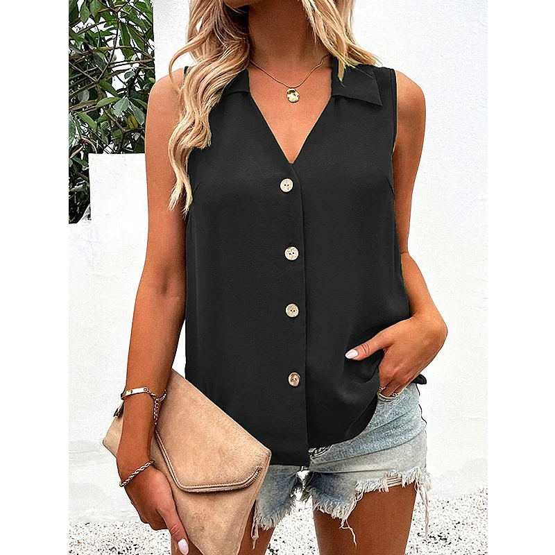 

Solid V Neck Loose Chiffon Shirts Women Summer Sleeveless Button Tank Oversized Fashion Casual Cardigan Thin Breathable Top