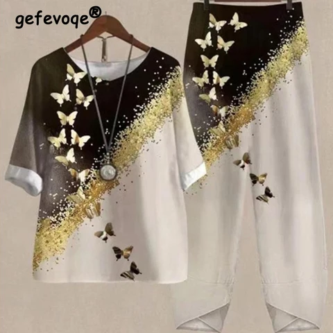 Women Vintage Print Short Sleeve Loose Blouse Summer Casual High Waist Pants Female Elegant Two Piece Set Outfit Ropa Para Mujer