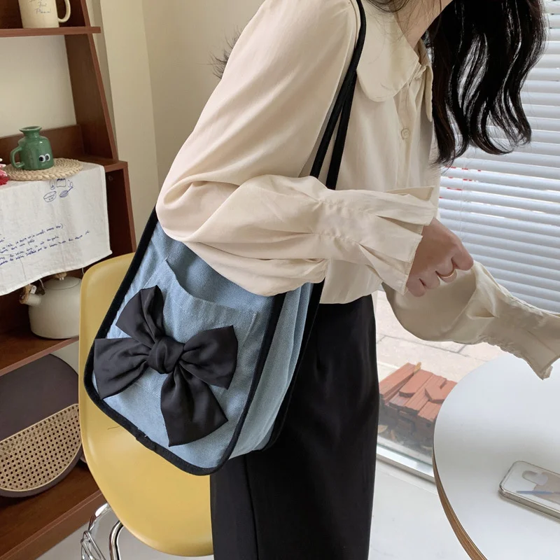 

New Women's Bow Canvas Shopper Bag French Bow Denim Armpit Shoulder Bag Large Capacity Casual Shopper Tote Bags Sac A Main Femme