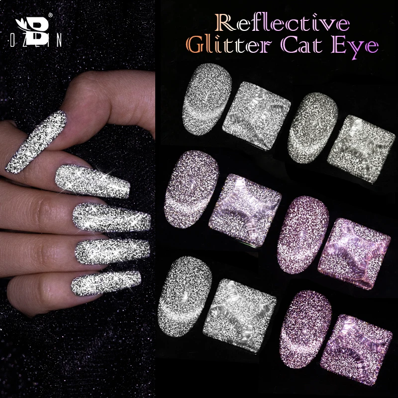 

BOZLIN 1 Bottle 7.3ML 2 in 1 Magnetic Gel Disco Reflective Glitter Cat Eye Nail Polish Silver Holographic Effect Soak Off UV Gel