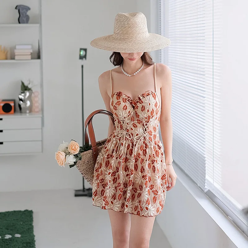 

One Piece Women Bathing Suit Swimsuit 2022 Push Up Beach Clothes New Female Korean Ins Sexy Backless Skirt Bubble Floral