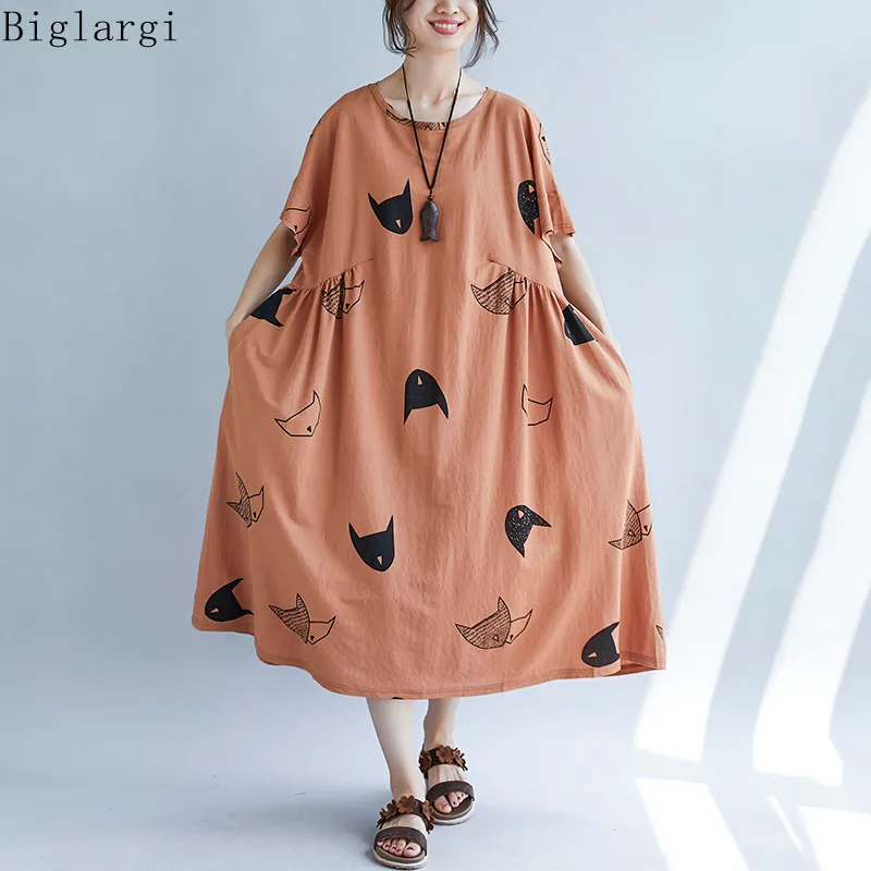 

Oversized Cat Print Dress Summer Women Loose Casual Ladies Dresses Big Size Korean Cotton Fashion Cat Flower Dress Elegant 2022