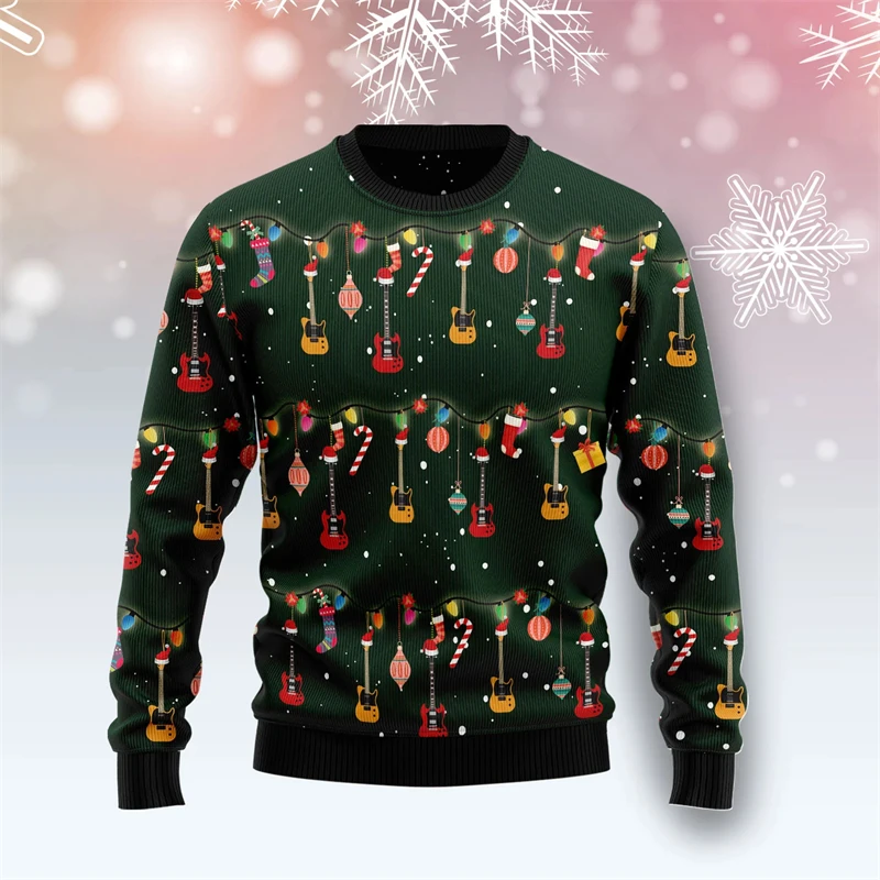 Fashion Guitar Ugly Christmas Sweater Funny Animals Musical Instruments Graphic Sweatshirt Casual Loose Uniex Pullovers Tops