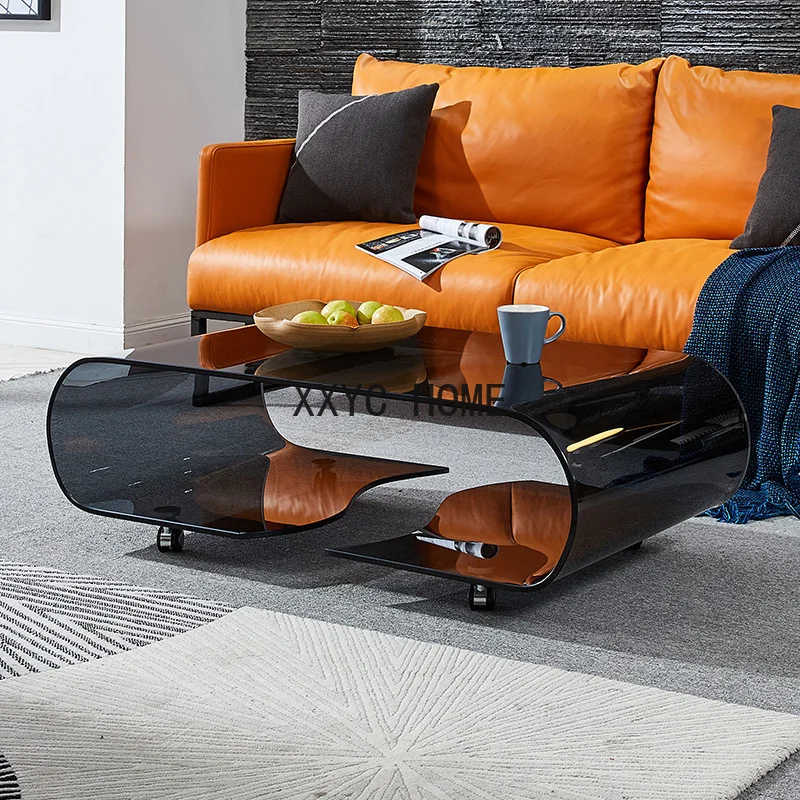 Стеклянный журнальный столик прозрачный мобильный чайный современный овальной