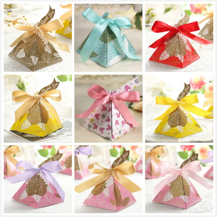 

100 X Gold Pink Yellow Red Blue Triangular Pyramid Leaves Wedding Favors Candy Boxes Party Gifts Box + Ribbons + Tags