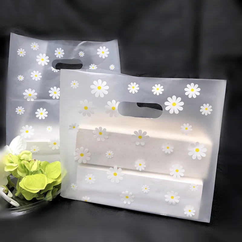 

50PCS Peach Flower Handbag Clothing Baking Packaging Gift Dessert Handle Bread Shop Takeout Bag Frosted Matting Plastic Peach